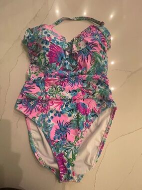 Lilly Pulitzer Pink Floral One-Piece Swimsuit with Blue and Green Accents